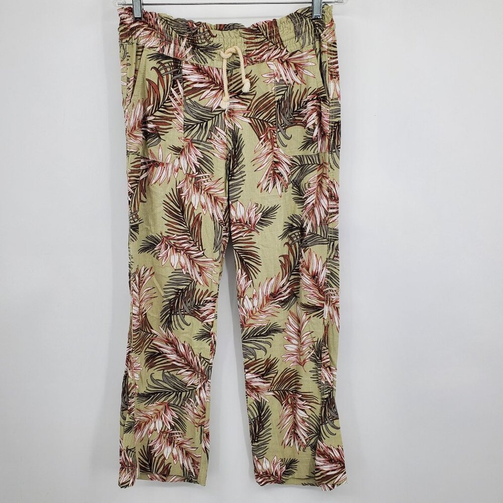 Cali 1850 Tropical Palm Leaf Linen Blend Pants Green Tan M Coastal Grandma Beach
